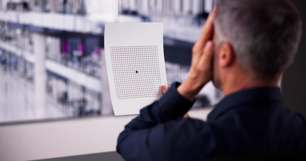 A man covers one eye with his hand while looking at the center dot of an Amsler grid held at reading distance.