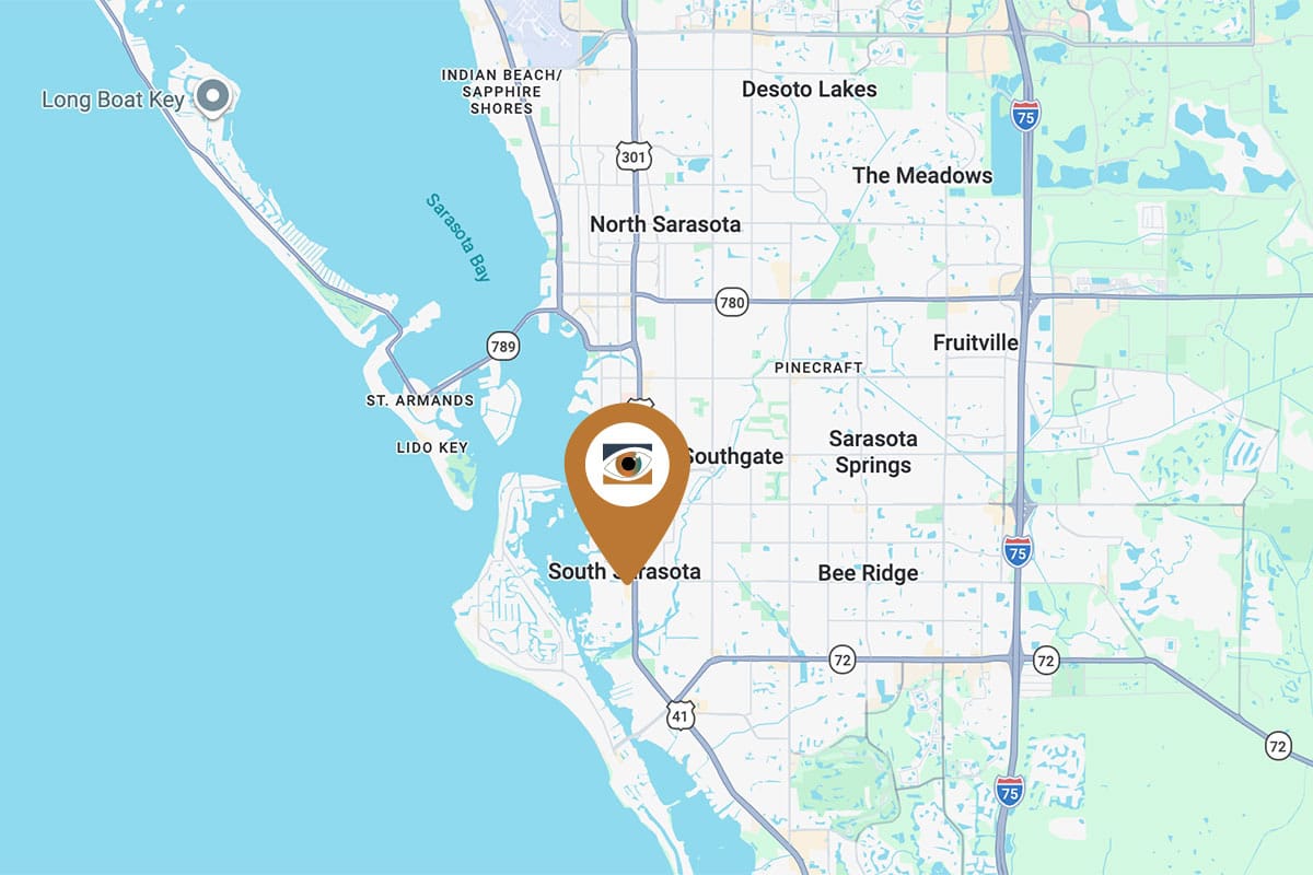 Map showing the location of Shane Retina on South Tamiami Trail in Sarasota, Florida